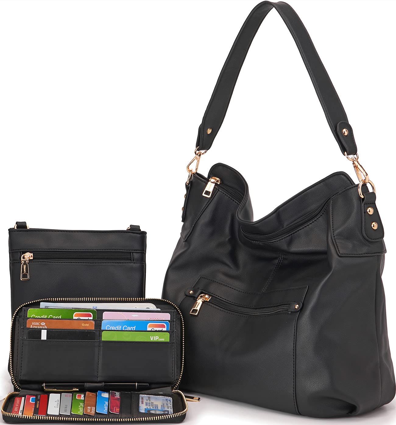 Large Crossbody Bags Ladies Shoulder Handbags Purse and Wallet Set for Women Hobo Purses Black
