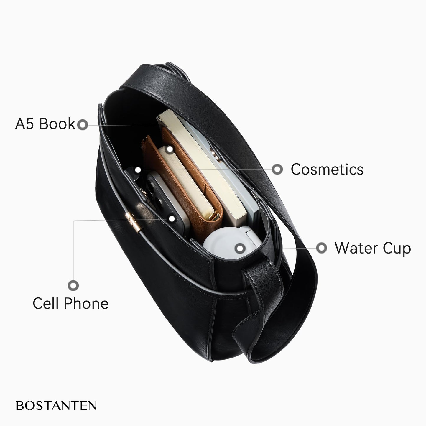 BOSTANTEN Bucket Bag Soft Vegan Leather Purses for Women Trendy Shoulder Handbags with Separate Pouch Black