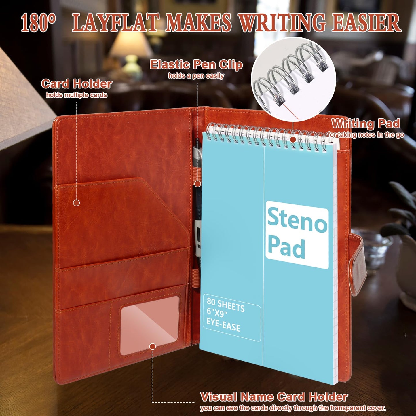 SHIQIKEJIPTY Steno Pad Holder PU Leather Cover 6x9 Steno Pad Cover Business Padfolio Organizer Compatible With 6x9 Steno Notebook Portfolio Pocket Organizer With Pen Loop for Business Office（Brown）