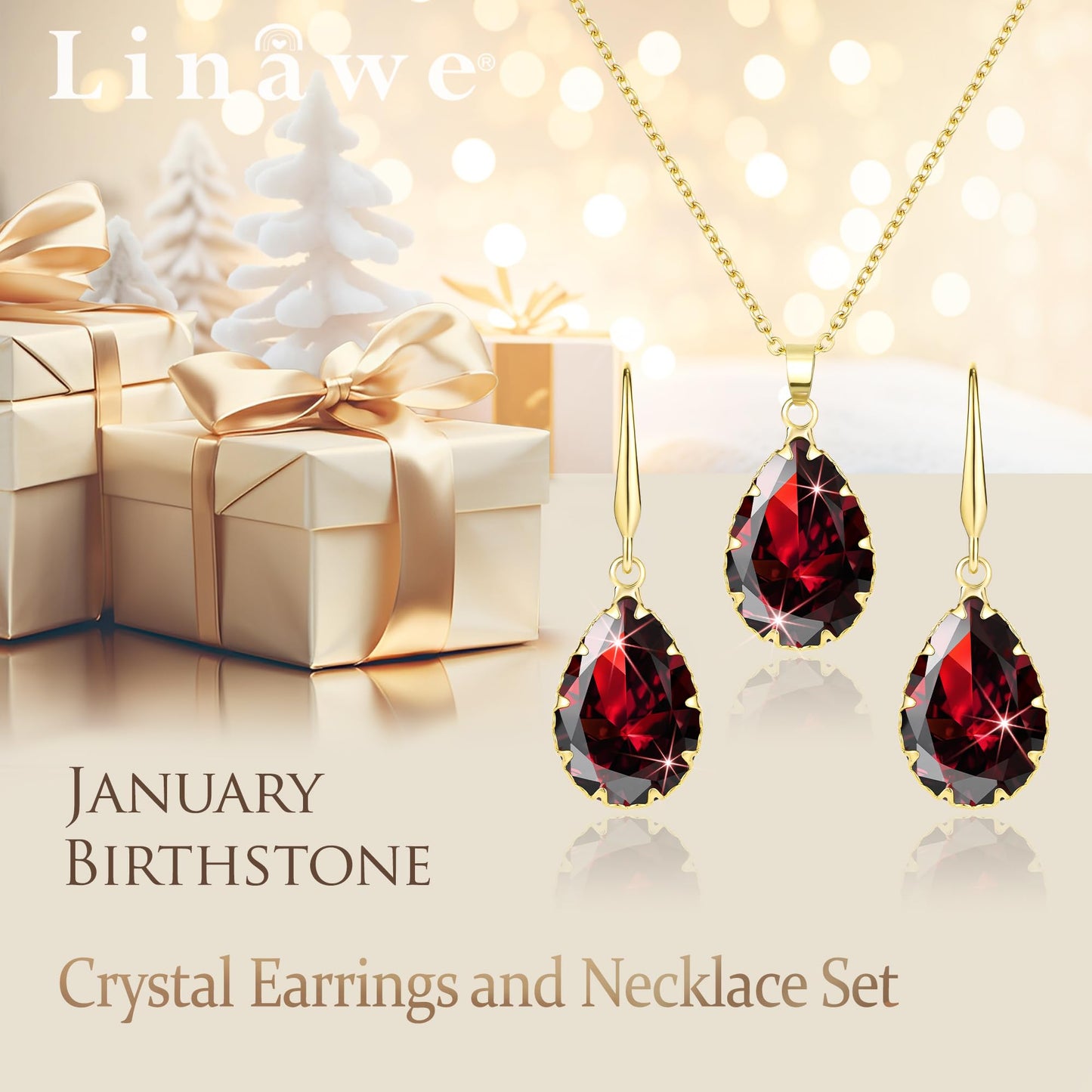 Linawe Ruby Crystal Jewelry Sets, Gold Earring Necklace Set Women Trendy, Imitation Diamond Pendant Rhinestone Drop Dangle Boho Wedding Jewelry, Rhinestone Cubic Zirconia Teardrop
