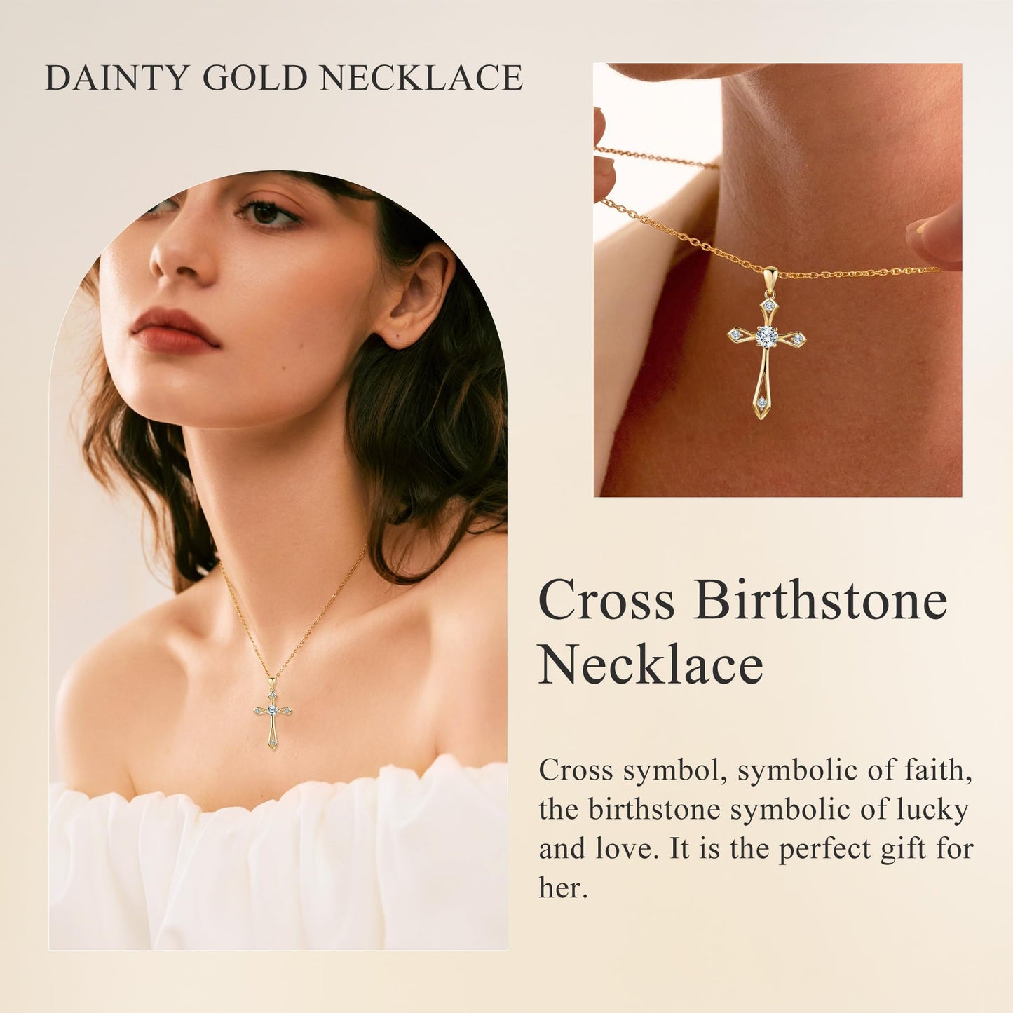 14K Gold Plated Solid Cross Necklace for Women,925 Sterling Silver Ladies Faith Cross Birthstone Pendant Christian Religious Confirmation Baptism Everyday Fine Jewelry Anniversary Birthday Gifts for Mom,Girlfriend,Grandma,Sisters