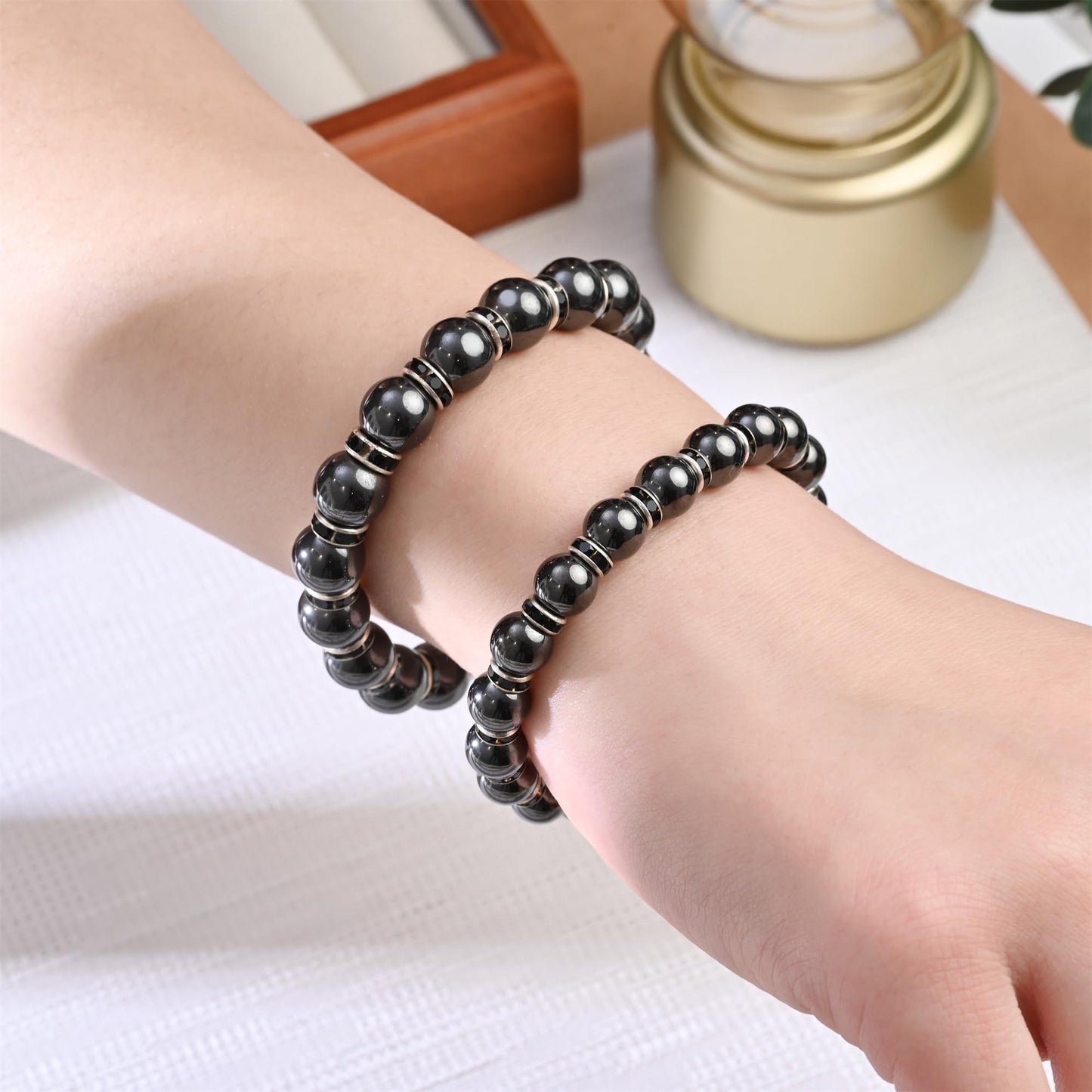 Apocalyptic-K Women's Magnetic Bracelet，Hematite Bracelets，Magnetic Bracelets With Zirconia,Handmade Stretch Bracelet，Eliminates static electricity. (Black Zirconia,8MM)