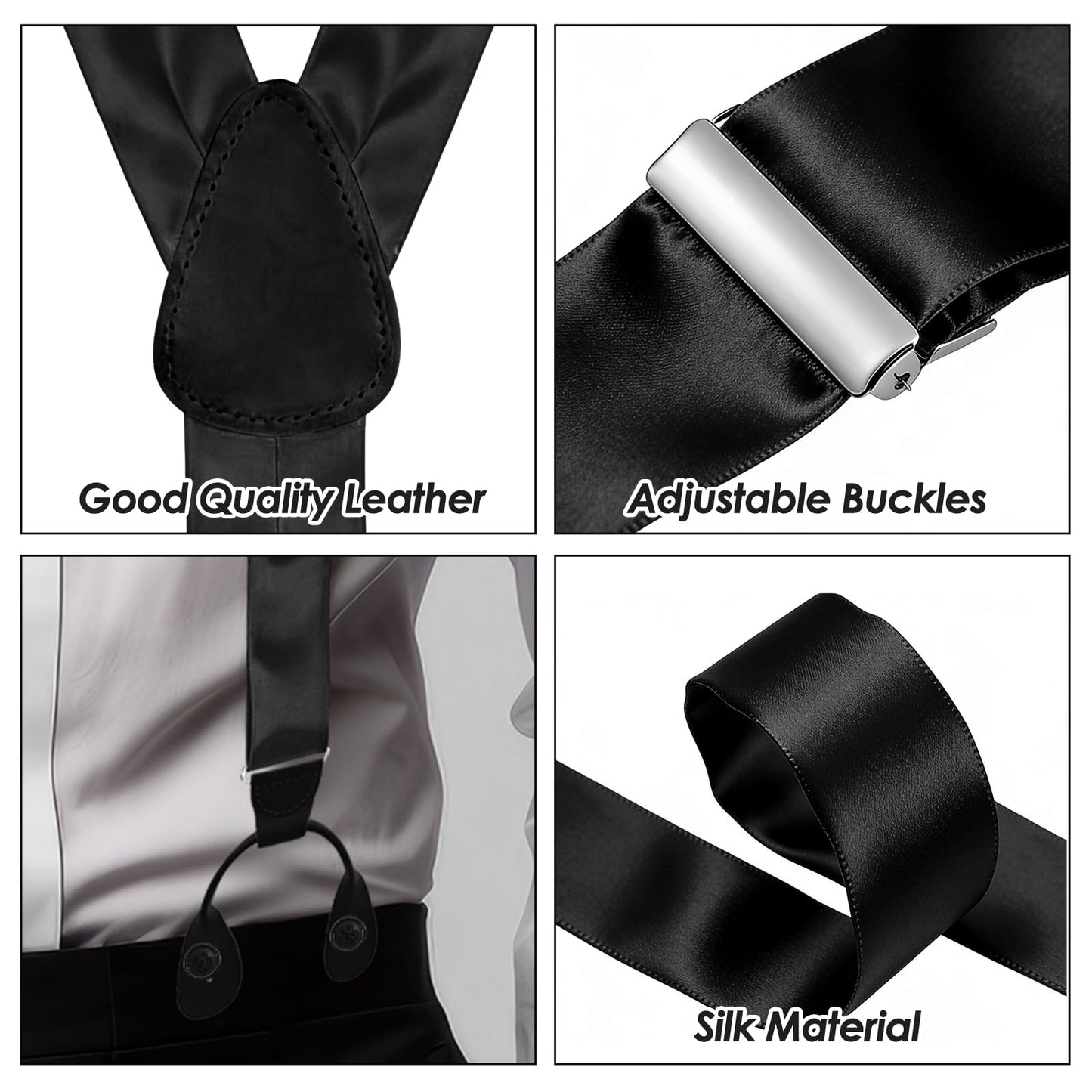 Yearntown Silk Suspenders for Men Black Tuxedo Formal Y Back Suspenders Men 46inch Formal Button End Braces for Tuxedo Pants(Classic)