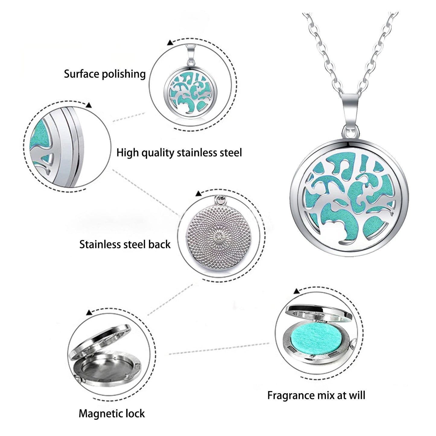 2 Pack Aromatherapy Essential Oil Diffuser Necklace Tree of Life Pattern, Muulaii Stainless Steel Locket Pendant with 24 Inch Chain Unique Gift Ideas for Women, Girls, Friend, Mom