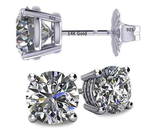 Central Diamond Center 14K Solid Gold Post & Sterling Silver Made with Swarovski 4 Prong CZ Stud Earrings - Platinum Plated - 5.50mm - 1.50cttw