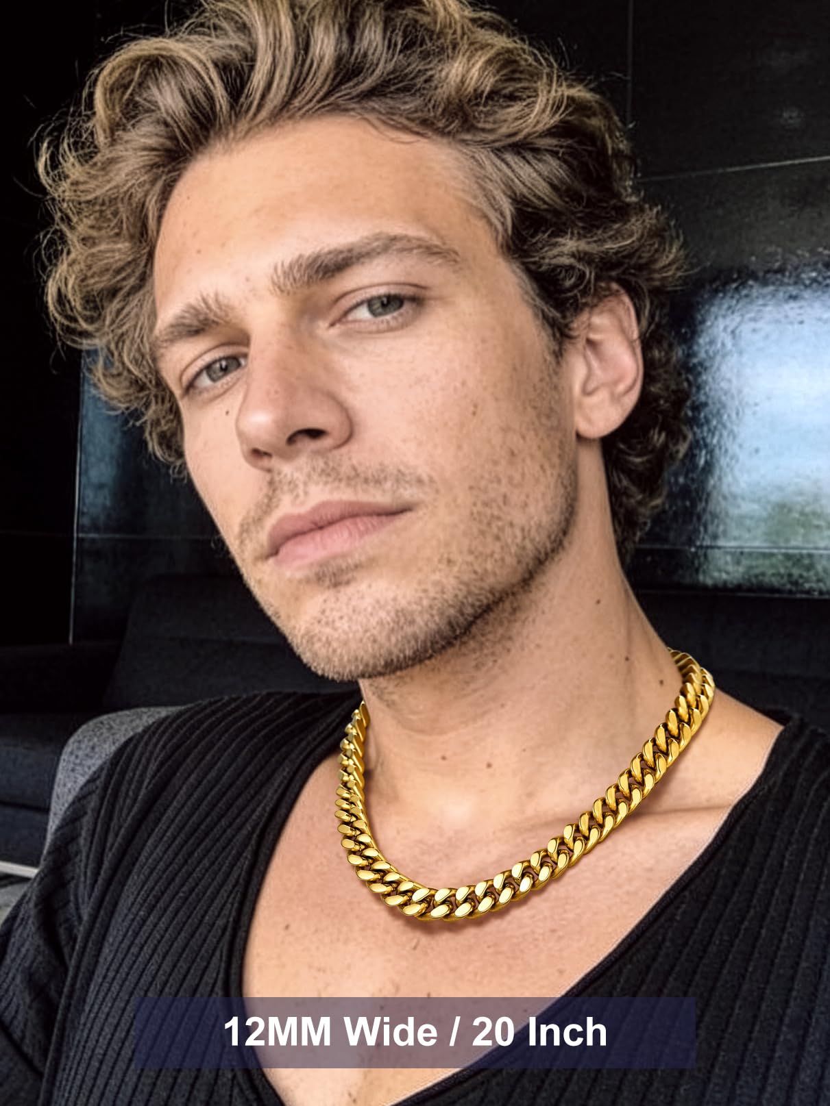 Bandmax 14K Gold Plated Cuban Chain Necklace for Men Women 12MM Wide Big Heavy Metal Link Chain 22 Inches Cubanas Cadenas Hombres