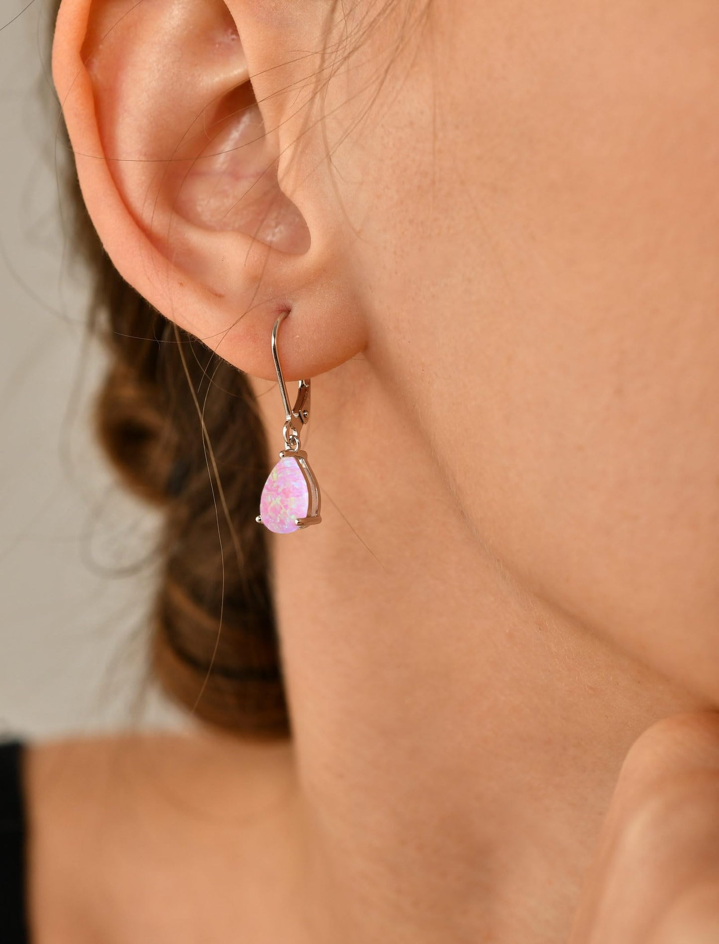 YL 925 Sterling Silver Teardrop Dangle Drop Earrings for Women 7x10 MM Solitaire Pink Created Opal Leverback Jewelry