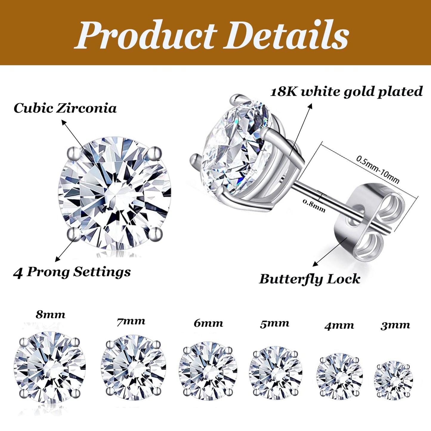Gemsme 6 Pairs Cubic Zirconia Stud Earrings for Women/Men - 3-8mm Round Cut 4 Prong Settings 18K Gold Plated Hypoallergenic Earrings Set -White Gold