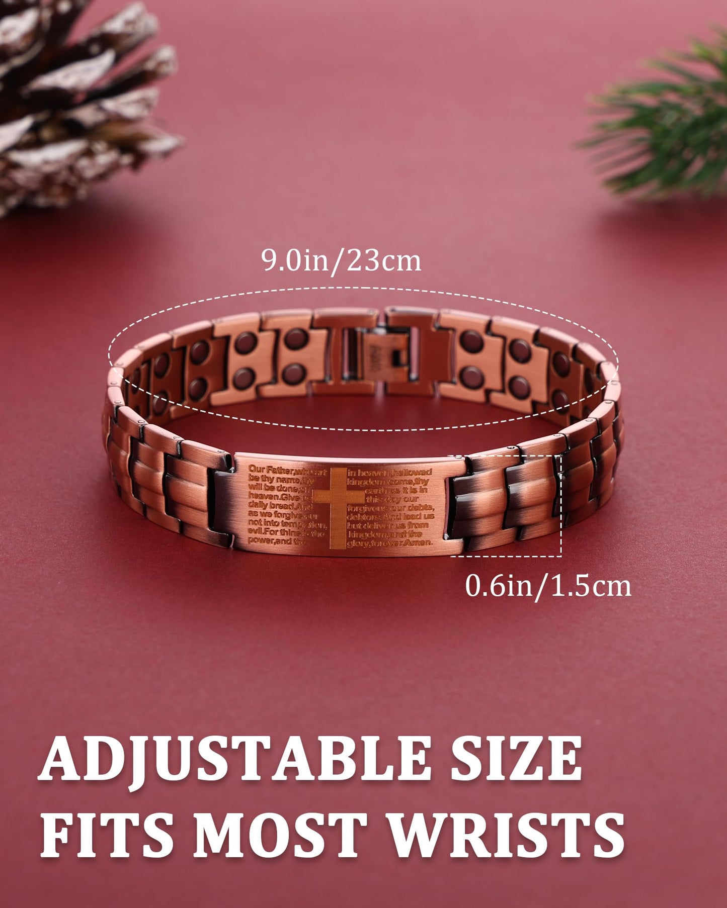 MagEnergy Copper Bracelet for Men, Christmas Gifts Box, Cross Copper Magnetic Bracelet with Ultra Strength Magnets, Adjustable Link Jewelry Box Gift (Sizing Tool)