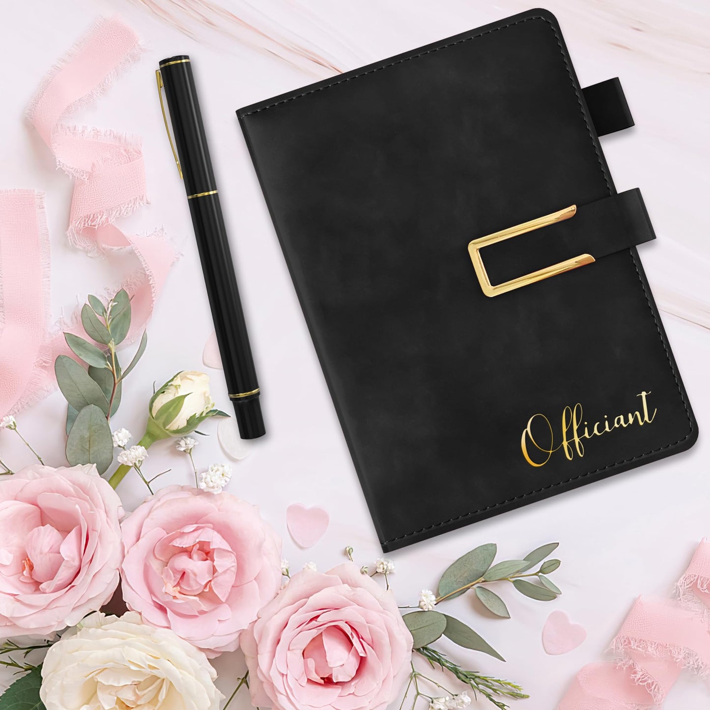 Mousbull Wedding Officiant Book with Pen, 200 Pages A5 Lined Leather Wedding Journal Notebook, Pastor Ministers Sermon Officiant Gifts for Wedding Day Ceremony Proposal- Black