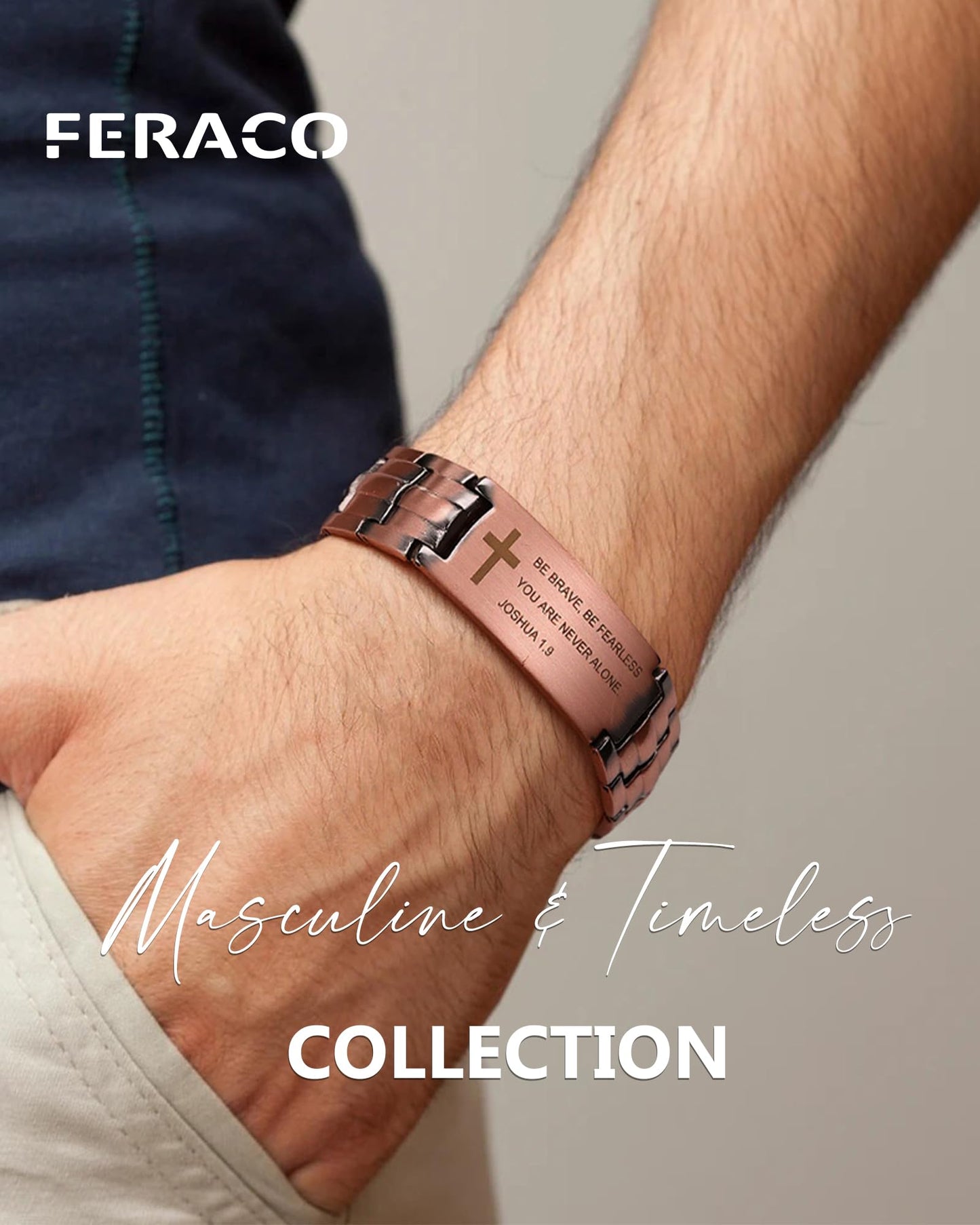 Feraco Copper Cross Bracelet for Men,Magnetic Therapy Cooper Bracelets with Magnets, Men's Christian Jewelry for Anniversary Father's Day