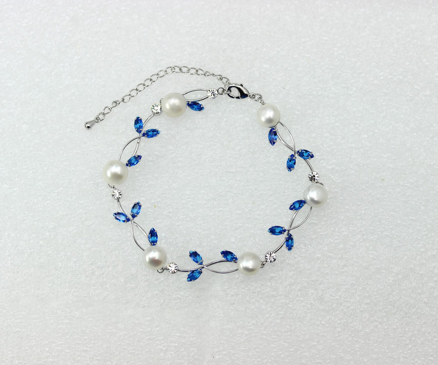 Faship Blue CZ Crystal Genuine Freshwater Pearls Floral Bracelet 7.5" - 9.5" - Blue/Matching Bracelet