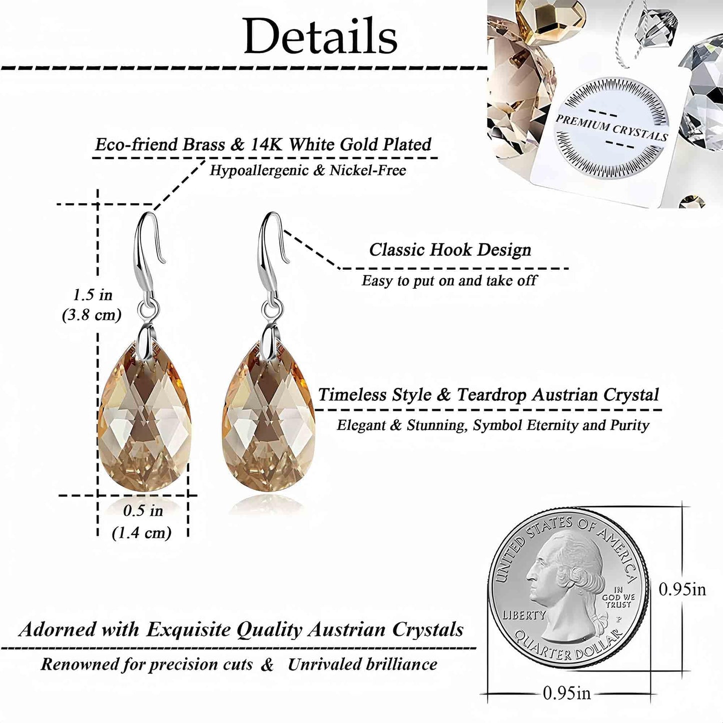 Austrian Crystal Teardrop Dangle Hook Earrings for Women 14K Gold Plated Hypoallergenic Jewelry (Light Topaz)