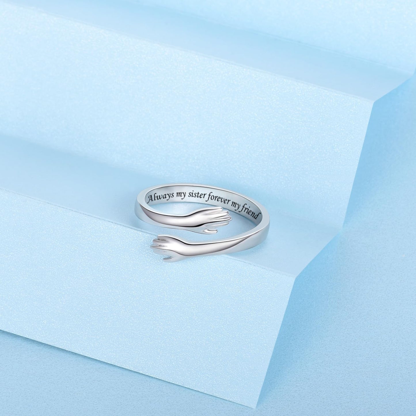 ACJFA Hug Rings for Women Sterling Silver Adjustable Ring for Women Daughter Hand Ring Jewelry for Birthday Gifts Holiday Gift(Always my sister forever my friend)