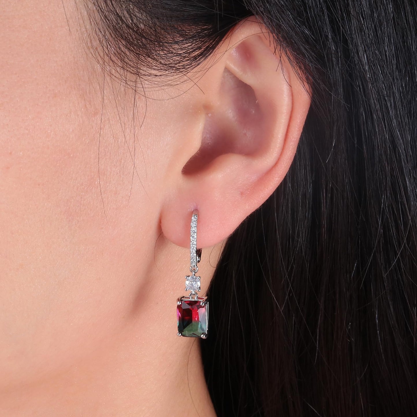 CiNily Leverback Earrings for Women Rectangular-cut Drop Dangle Earring Hypoallergenic, 14K White Gold Plated Red and Green Cubic Zircon Earrings Diamond Dangle Ear Rings Jewelry Birthday