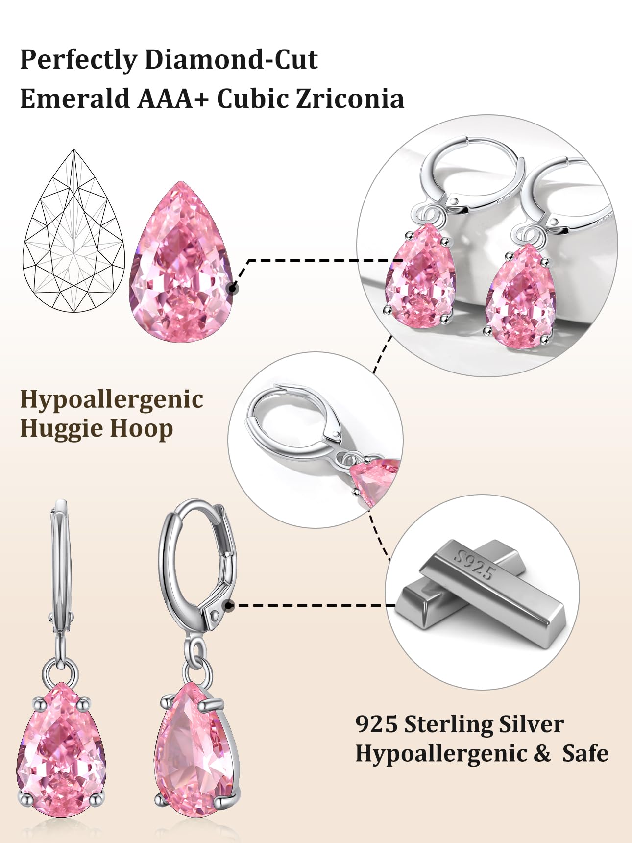 Bestyle Silver Pink Tourmaline Drop Earrings | Hypoallergenic Silver Huggie Hoop Leverback Earrings | Small Sparkle Teardrop October Birthstone Dangle Earrings For Women