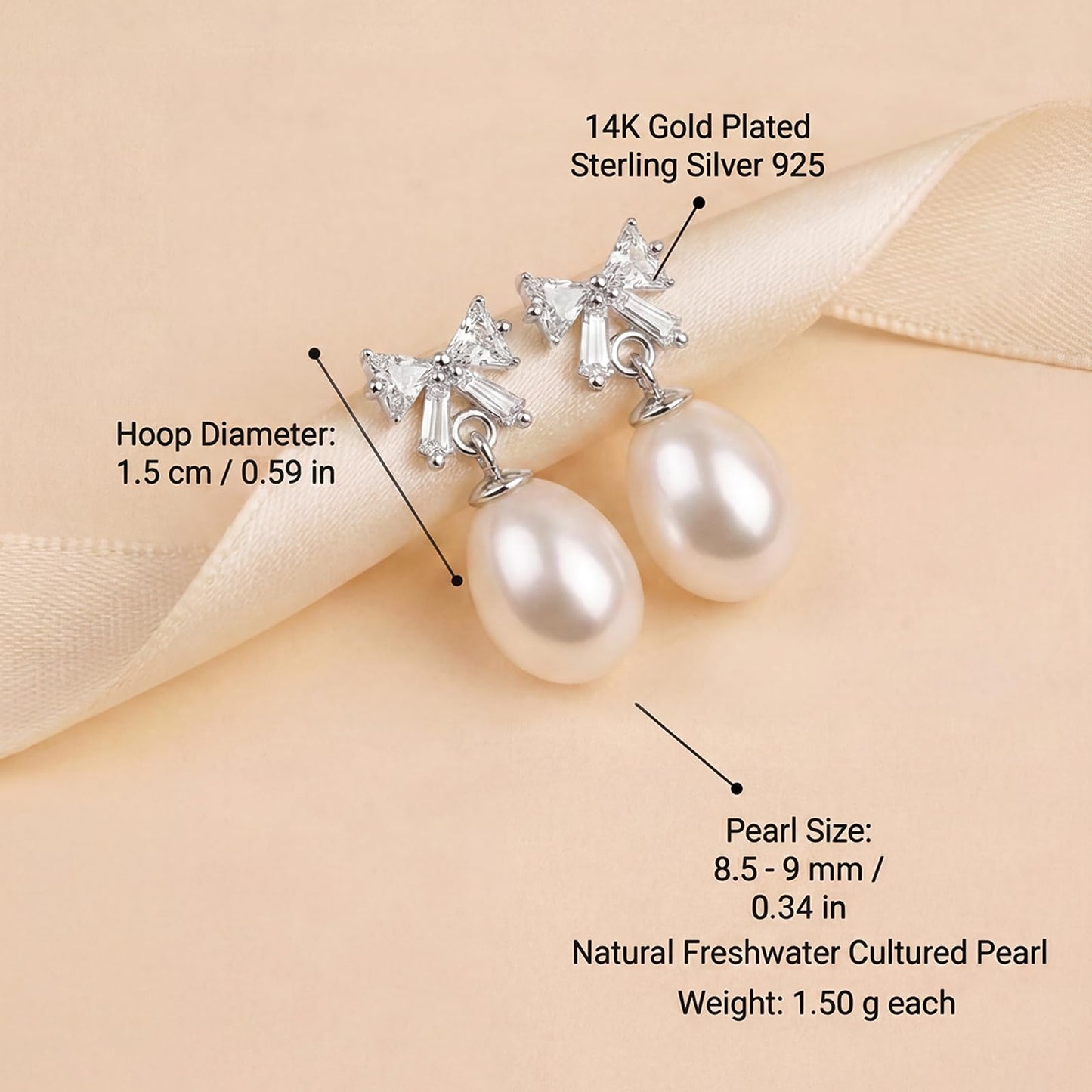 Pearl Drop Earrings for Women, Gold Plated & 925 Sterling Silver, Pink & White Dangle Earrings, Dainty Cute Elegant Bridal Wedding Gift for Her | Christmas Gift for Women (Silver Bow White Pearl)