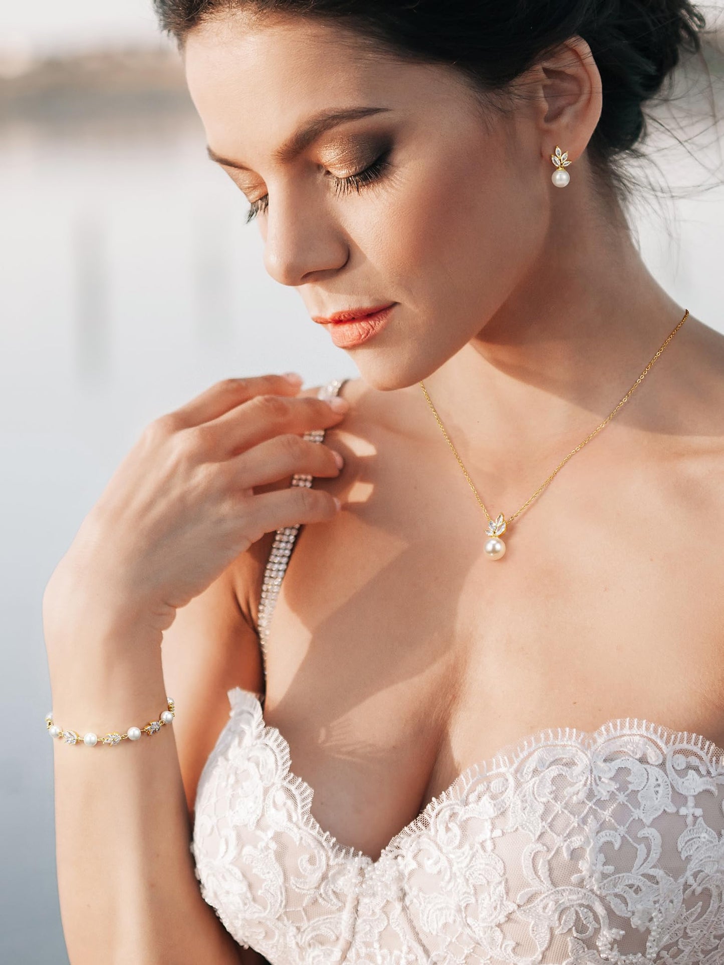 SWEETV Gold Bridal Jewelry Set for Wedding, Cubic Zirconia Pearl Floral Bridal Earrings Necklace Bracelet Set, Formal Prom Jewelry Set for Women