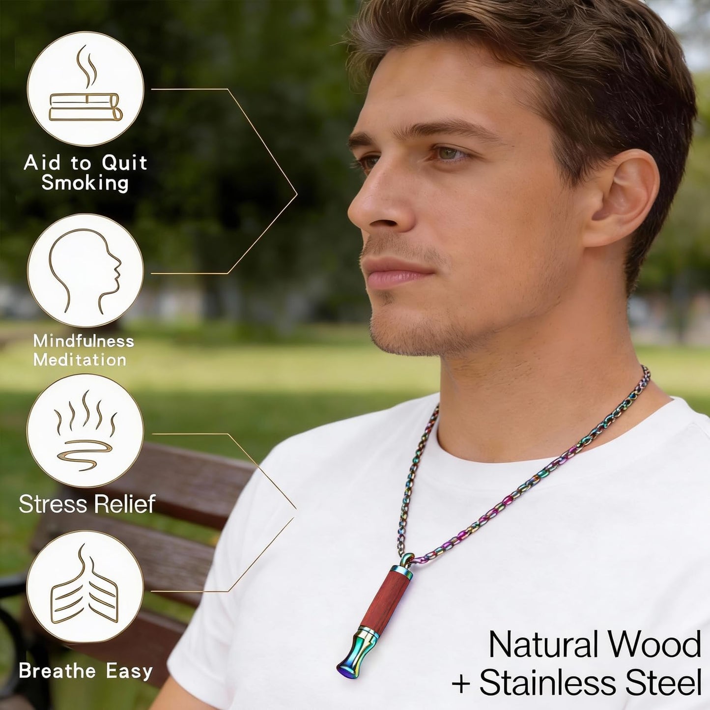BOLAGTIER Mindful Breathing Necklace: Natural Wood Fidget Charm for Anxiety Relief & Quit Smoking Aid, Stainless Steel Sensory Pendant to Calm Your Mind (Rainbow)