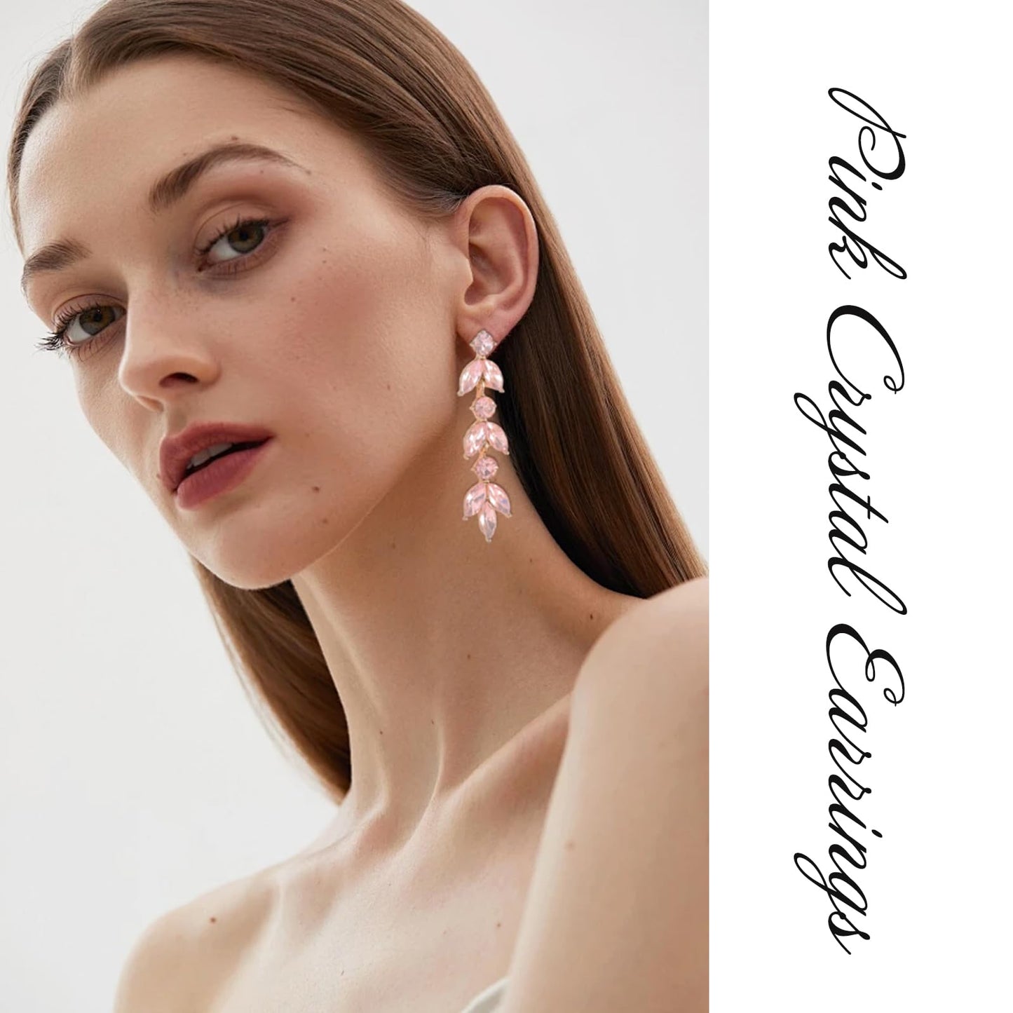 GAOKOXI Pink Wedding Rhinestone Dangle Earrings Elegant Bridal Crystal Drop Earrings for Women Bridesmaids Guest Party Prom