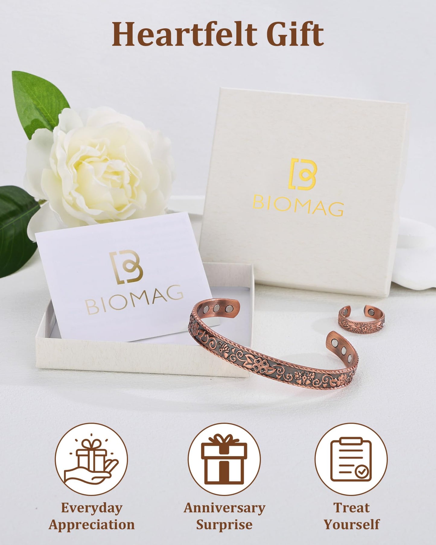 BioMag 99.99% Pure Copper Bracelet&Ring for Men and Women, Adjustable Magnetic Bracelet & Ring with Built-in Strong Magnets, Elegant Vintage Flower Design, Jewelry Christmas Gift