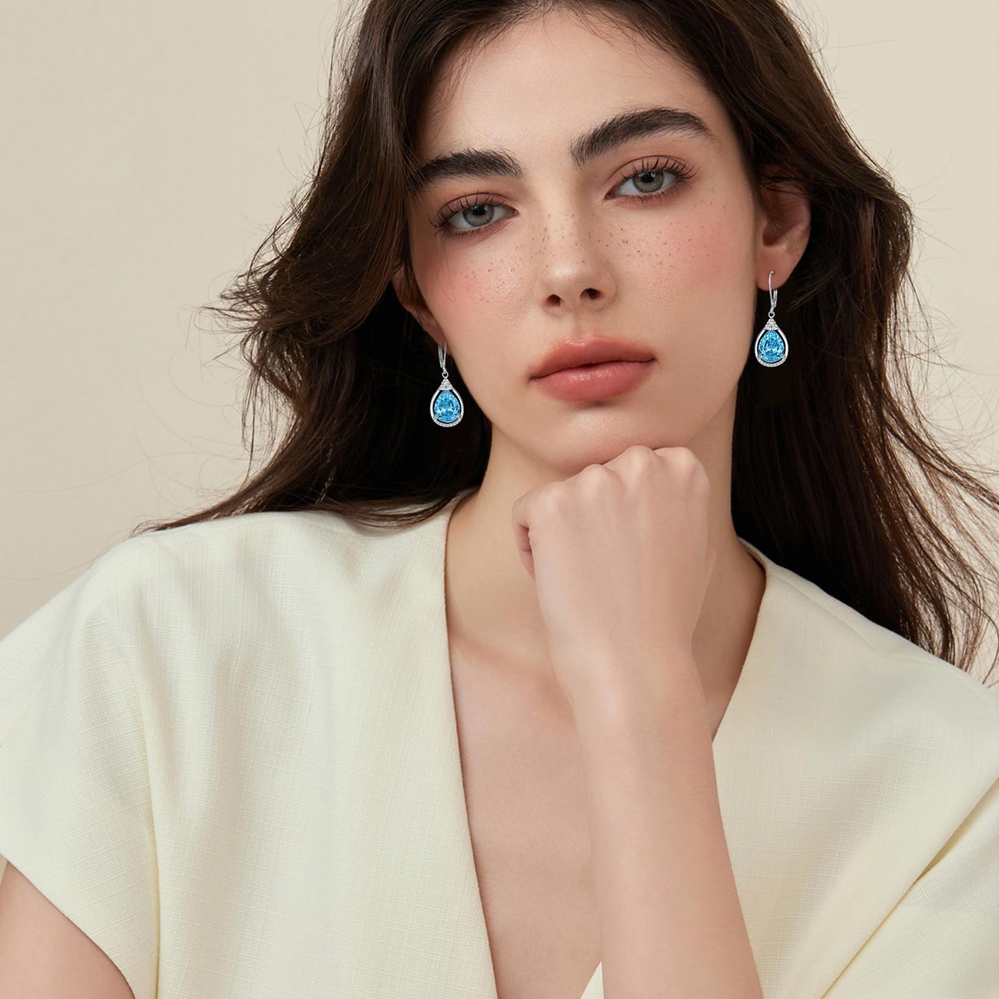 Blue Earrings Sterling Silver Birthstone Earrings AAAAA Cubic Zirconia Teardrop Dangles Jewelry Christmas Gifts for Women