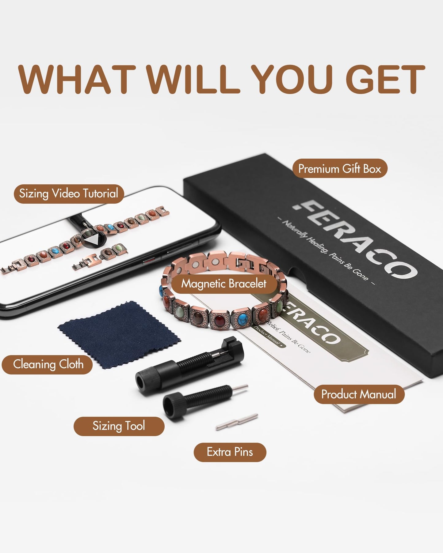 Feraco Pure Copper Bracelets for Women, Ultra Strength Magnetic Copper Bracelet with 3800 Gauss Magnets, Natural Turquoise & Stones, Adjustable, Jewelry Gift