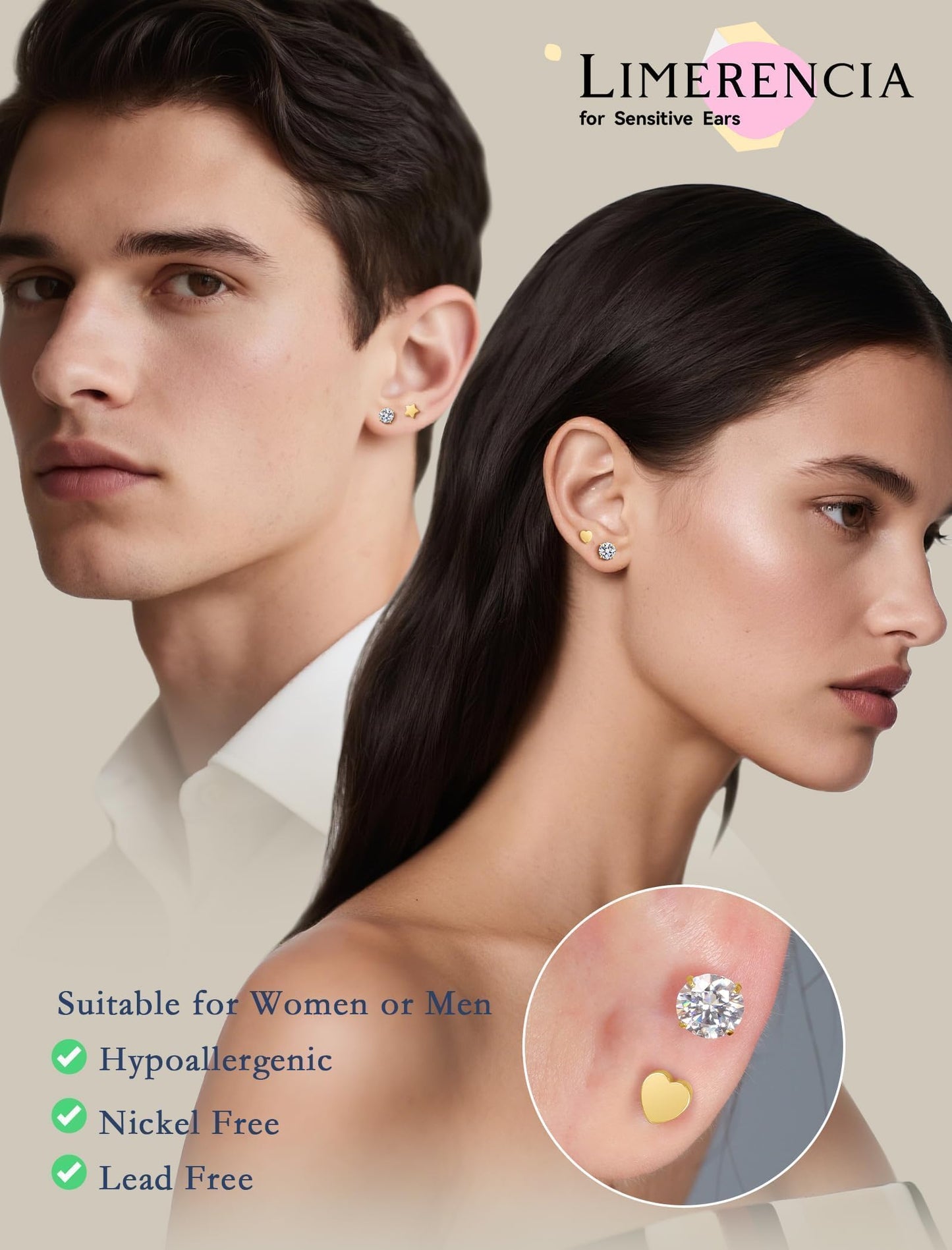 Limerencia Moissanite Stud Earrings for Women Men, F136 Hypoallergenic Titanium Earrings for Sensitive Ears, 18K Gold Plated Heart Flat Back, D Color VVS1 Clarity, GRA Certificate