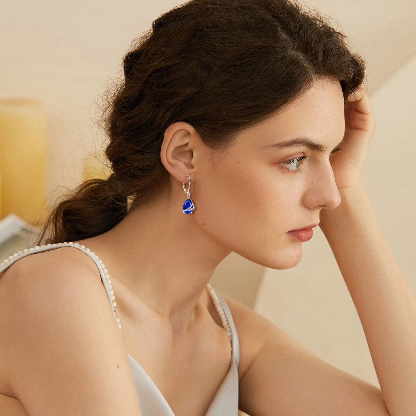 Rocayi September Birthstone Dangle Drop Earrings for Women 925 Sterling Silver Sapphire Earrings Teardrop Leverback Jewelry Gifts for Wife Girlfriend Mother Daughter Her