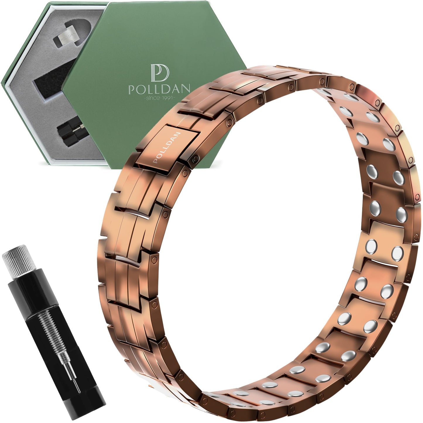 POLLDAN Copper Bracelet 6200 Gauss Power | Mens Bracelet 99.99% Pure Copper | Magnetic Bracelets for Men with Adjustable Fit & Sizing Tool | Stylish Men's Copper Jewelry | Copper Gifts for Him (2X Pure Copper)