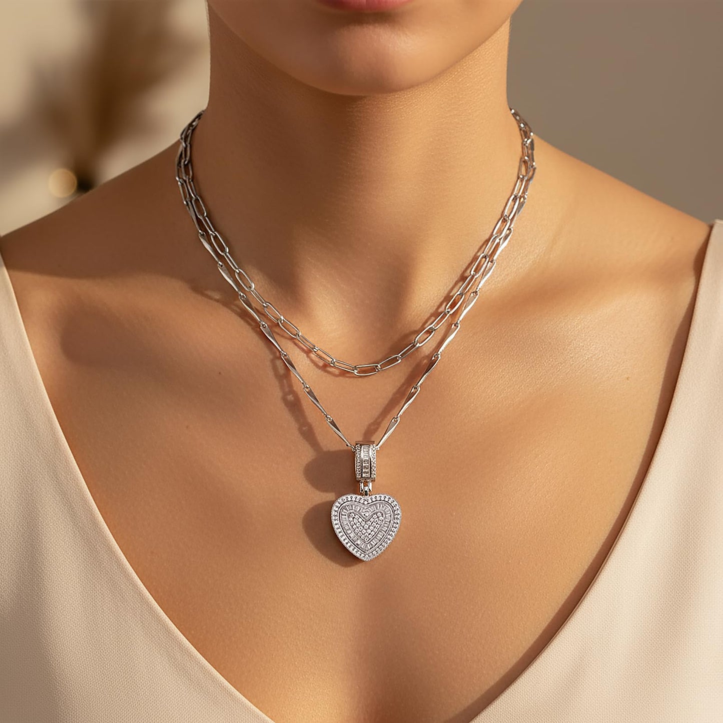 MEIITRUE Heart Necklaces for Women Trendy 14k White Gold Plated Dainty Layered Necklace Set Cubic Zirconia Love Pendant Choker Thin Paperclip Chain Stackable Jewelry Gift