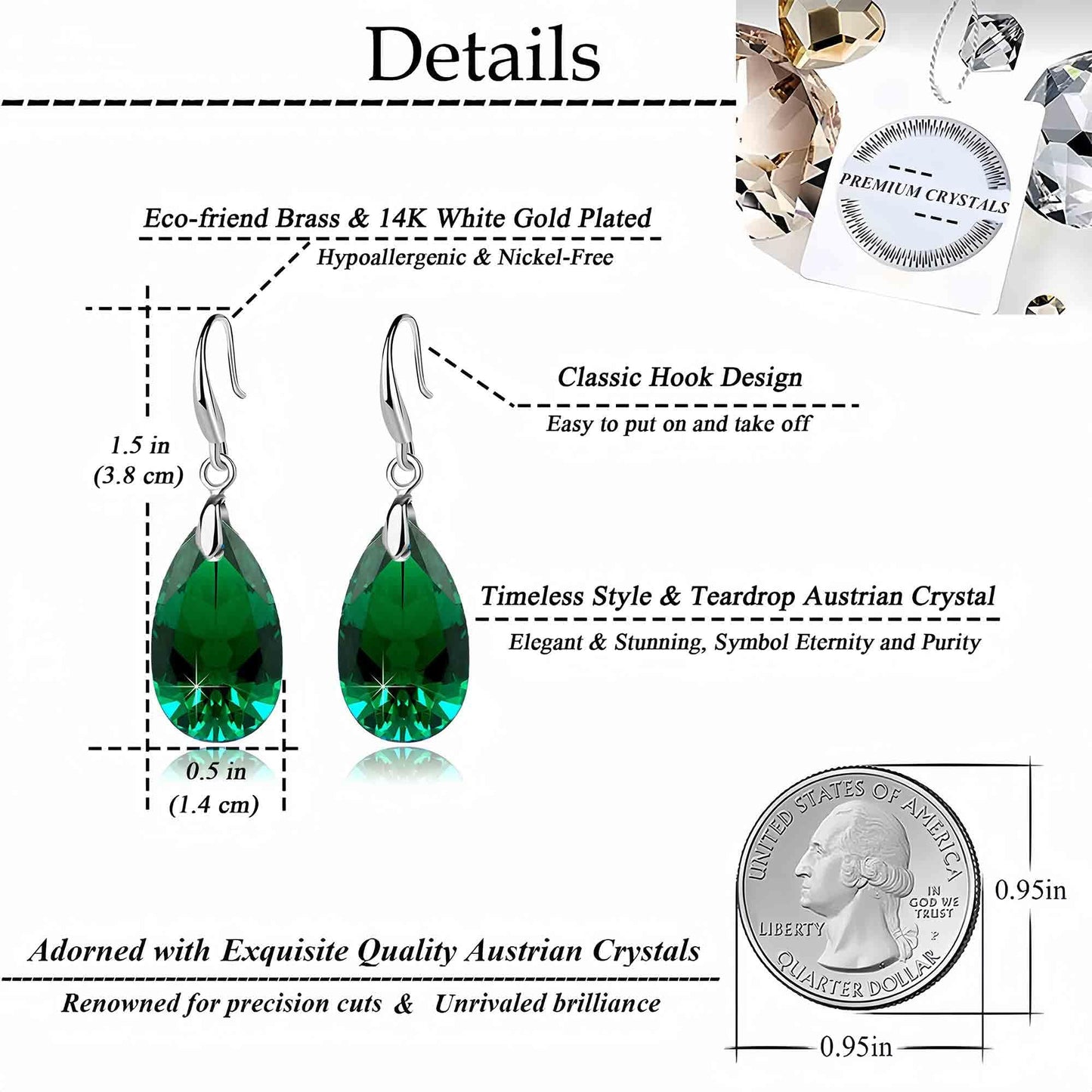 Austrian Crystal Teardrop Dangle Hook Earrings for Women 14K Gold Plated Hypoallergenic Jewelry (Emerald)