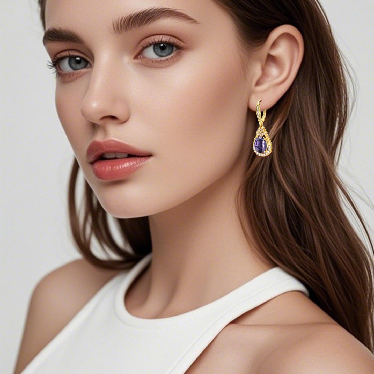 Purple Alexandrite Earrings Sterling Silver Teardrop Dangle Earrings June Birthstone 18K Gold Plated Leverback Drop Earring for Mom Lady Sparkling Wedding Jewelry Gifts for Bride Party Birthday Christmas
