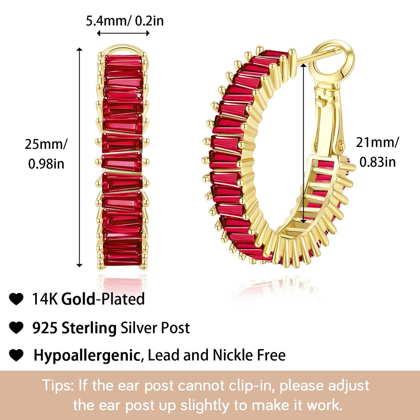 GLOQUAT 14K Gold Plated Dark Red Hoops for Women 925 Sterling Silver Post Vintage Ruby Red Earrings Cubic Zirconia Round Circle Hoops for Women Trendy Garnet Rhinestone Hoop Earrings Jewelry 25mm