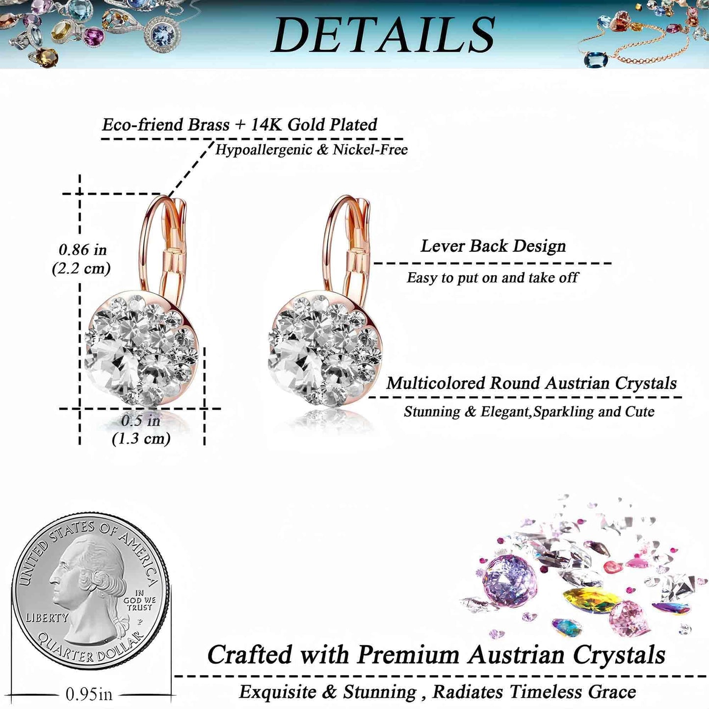 Multicolored Austrian Crystal Leverback Earrings for Women 14K Gold Plated Dangle Hoop Earrings Hypoallergenic Jewelry (Clear White/Rose Gold-tone)