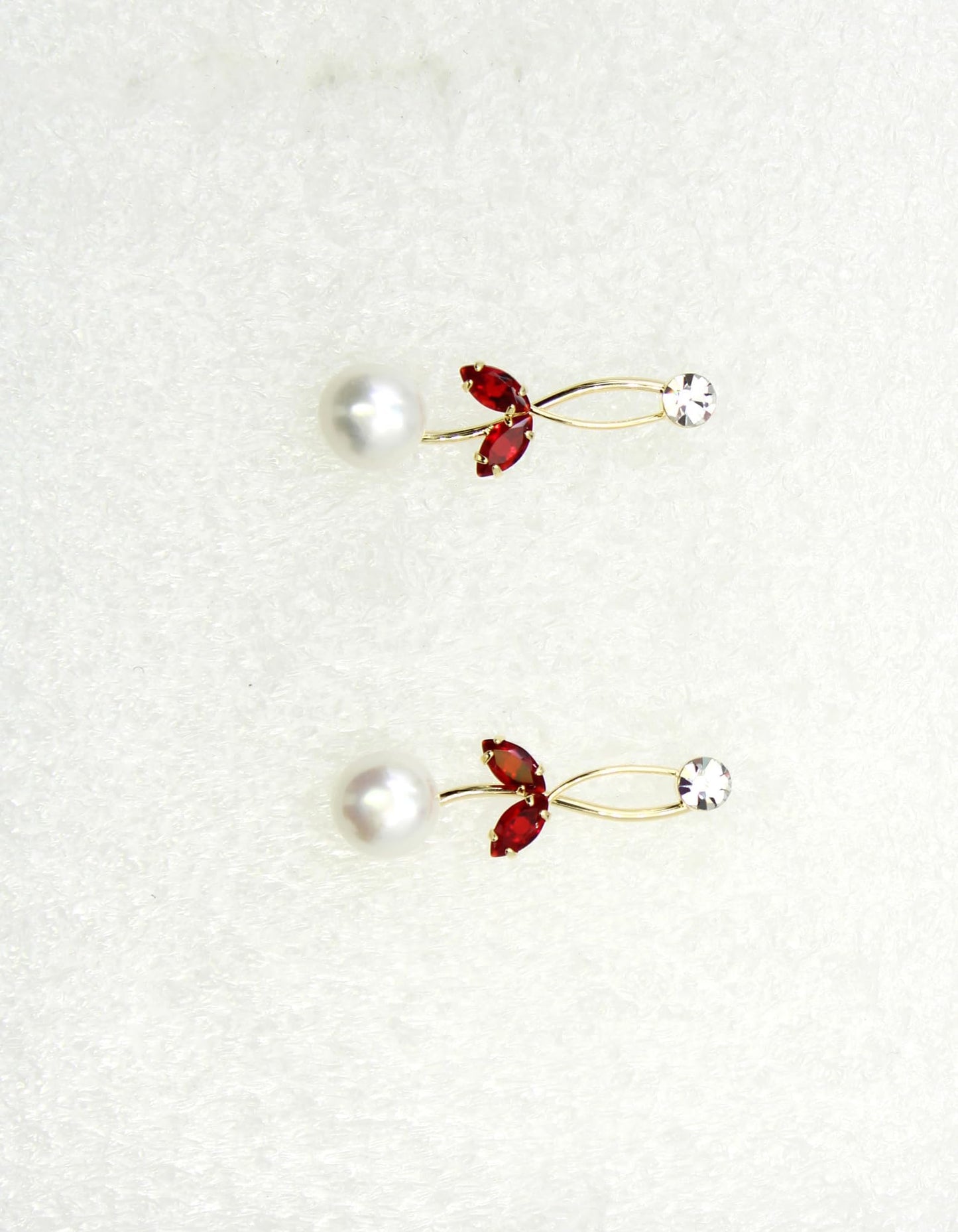 Faship Red CZ Crystal Genuine Freshwater Pearls Floral Necklace Earrings Set - Red/Gold Plated