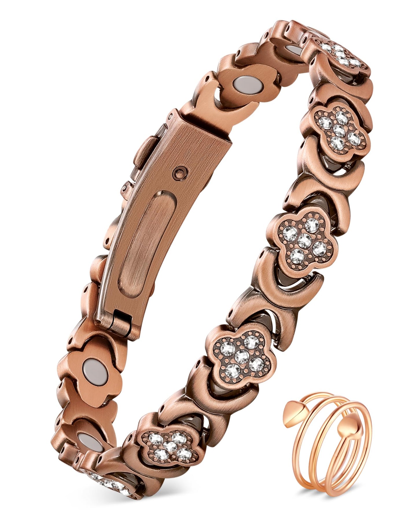 Feraco Pure Copper Bracelets & Rings for Women, Ultra Strength Magnetic Bracelet for Women with Neodymium Magnets & Sparkling Cubic Zirconia, Adjustable, Wellness Jewelry