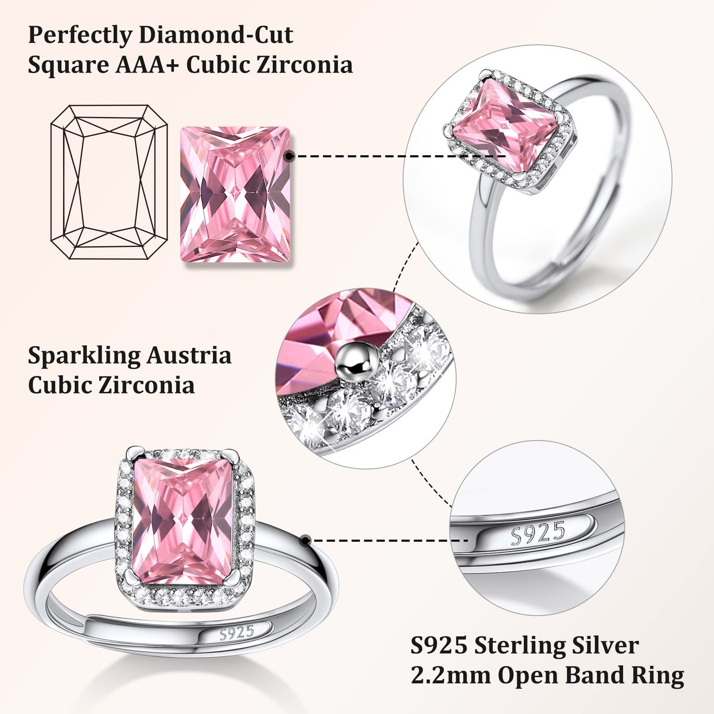 Bestyle Infinity Love Square October Pink Tourmaline Gemstone Rings with Sparkling CUbic Zirconia, Brilliant Love Square Diamond Halo Rings Statement Jewelry for Women