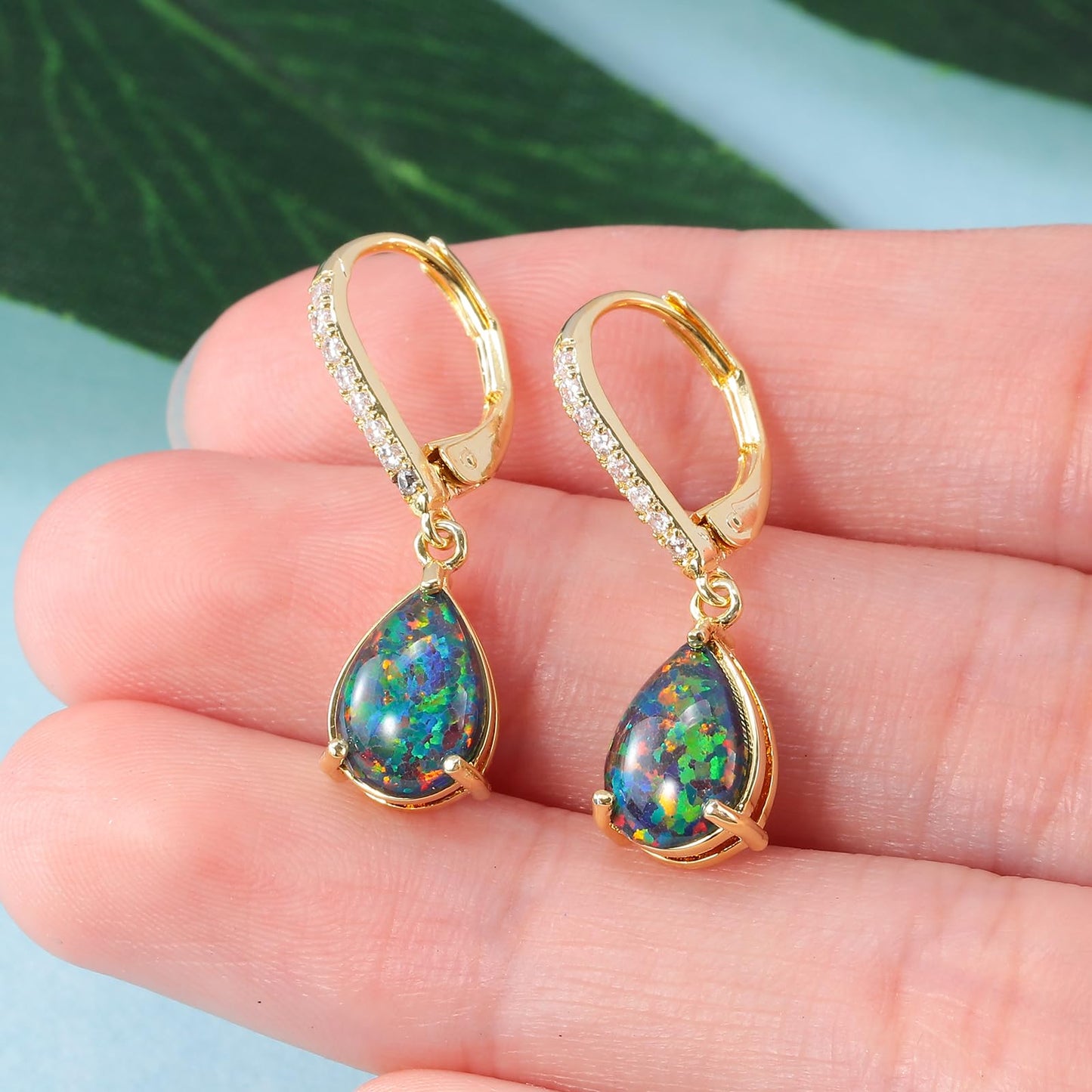 Leverback Black/Green Opal Dangle Earrings 14k Yellow Gold Plated Drop Earrings for Women Teardrop Earrings Elegant Jewelry Gifts for Mothers Day Birthday Party