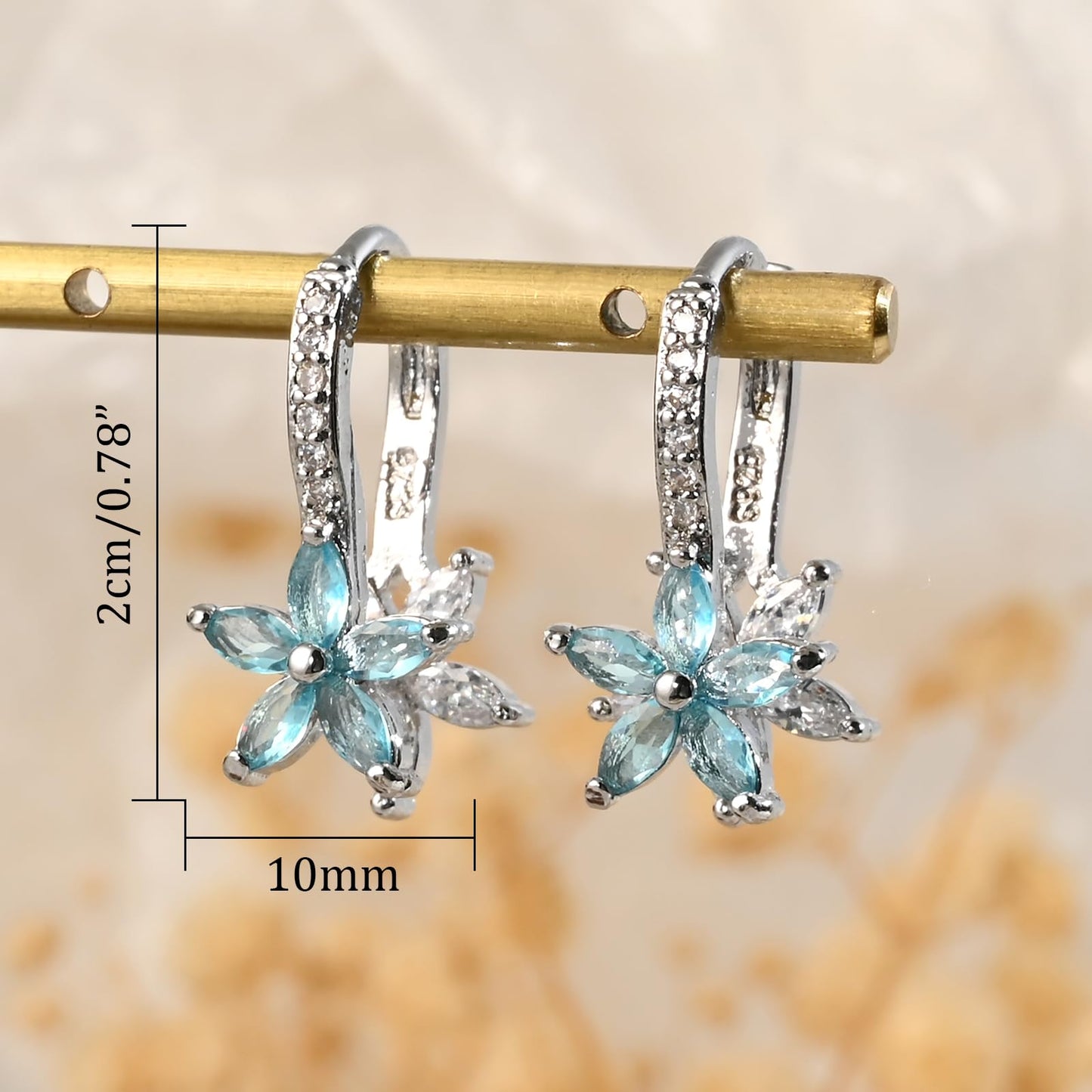 Watforsh 925 Sterling Silver Flower Earrings for Women Dangling Leverback Earrings with Aquamarine and White Crystal Double Floral
