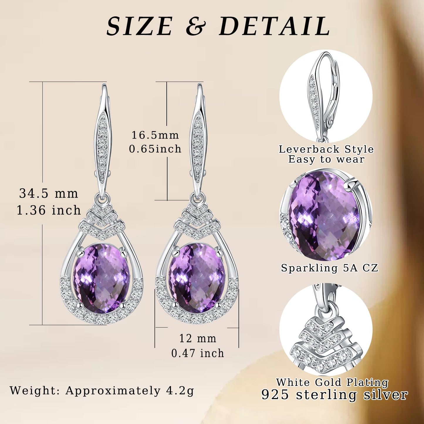 Purple Amethyst Earrings for Women S925 Sterling Silver June Birthstone Dangle Earrings Sparkling Teardrop Leverback Drop Earring Amethyst Evening Party Jewelry Birthday Gifts for Mom