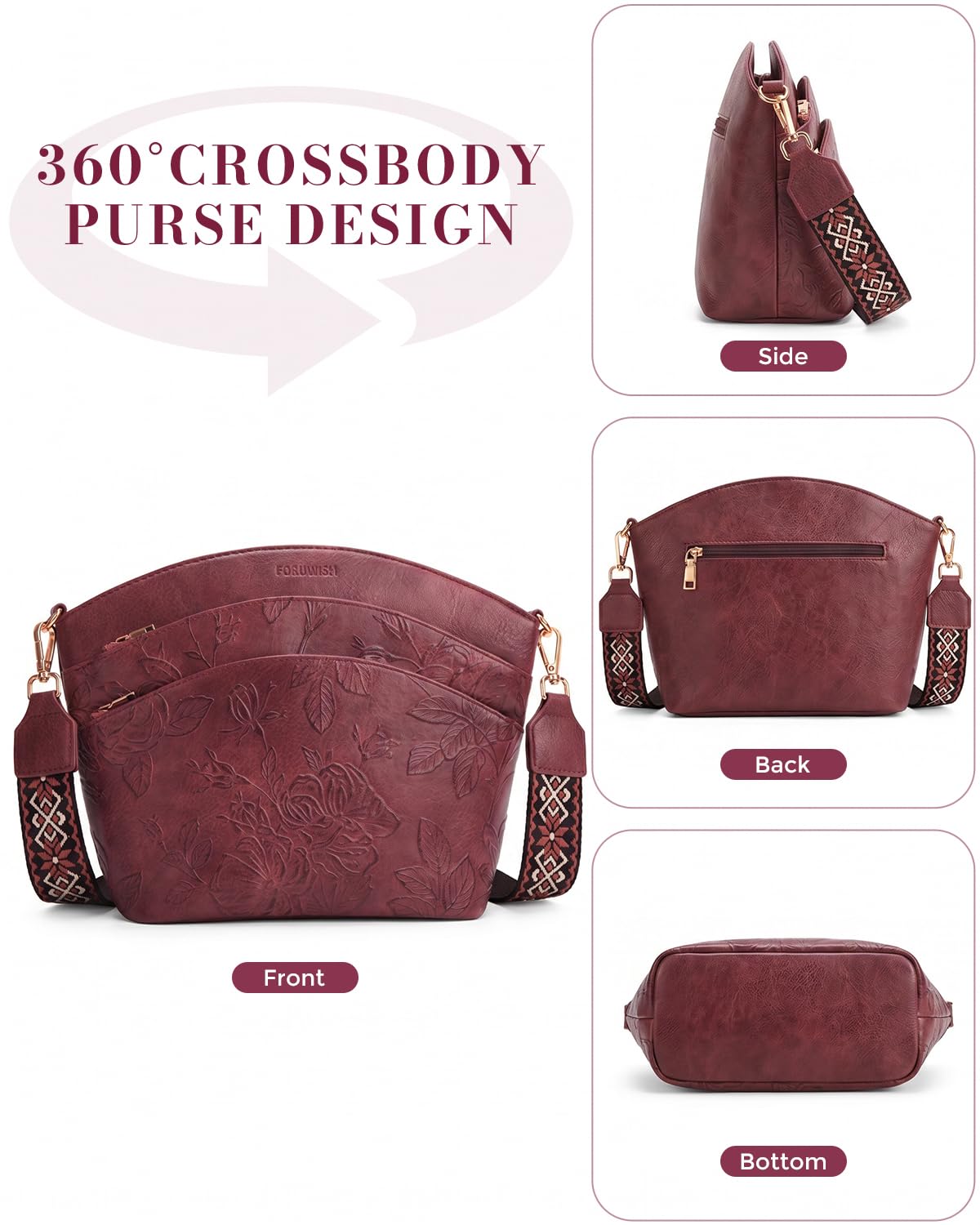 Crossbody Bags For Women, Vegan Leather Crossbody Purses with Boho Strap, Daily Travel Red Shoulder Handbag
