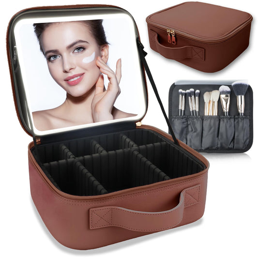 SUILU Makeup Bag with Led Mirror,with 3 Color Setting,Portable Storage and Adjustable Dividers Travel Makeup Bag, for Women and Makeup Artists Large Vanity Makeup Cases-Dark Brown