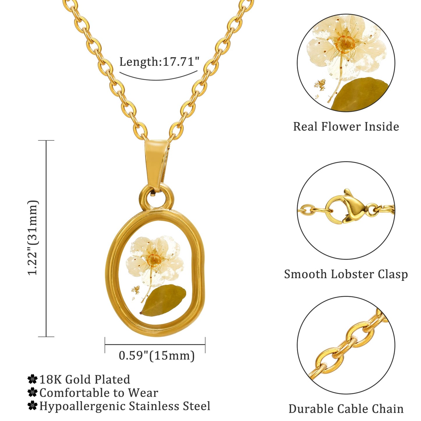 LETFLY Birth Flower Necklaces for Women, 18K Gold Plated Oval Shaped Handmade Floral Pendant, Pressed Flower Necklace Jewelry Gifts Light
