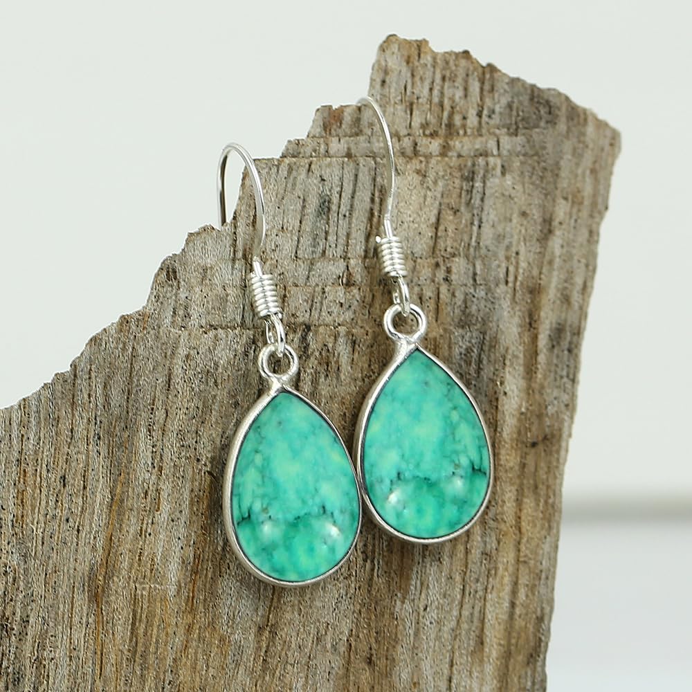 Natural Turquoise Sterling Silver Plated Dangle Earrings for Women - Green Stone December Birthstone Teardrop Shape Handmade Earrings Jewelry - Women's day Gifts for Her