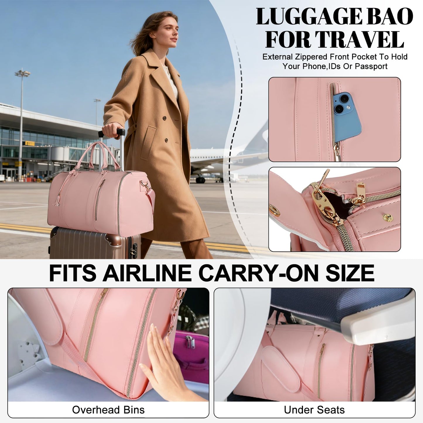 Geestock Convertible Garment Duffle Bags for Travel, Carry On Garment Bag with Shoe Pouch & Shoulder Strap - PU Leather Foldable Travel Duffle Bags 2 in 1 Hanging Dress Suitcase Suit Bag, Pink