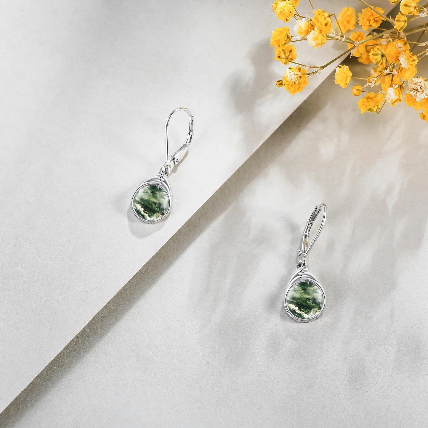 POPLYKE Moss Agate Earrings for Women Sterling Silver Round Moss Agate Leverback Earrings Dangle Earrings Jewelry