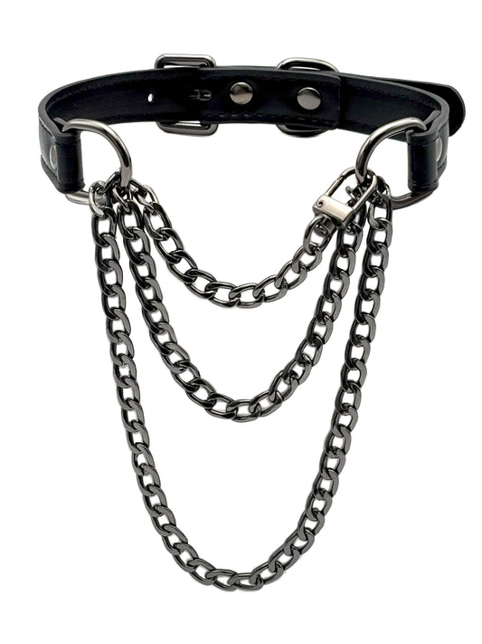 EverGlimp Handmade Black Vegan Leather Choker Collar For Women, Adjustable Triple-Layer Slip Chain Necklace