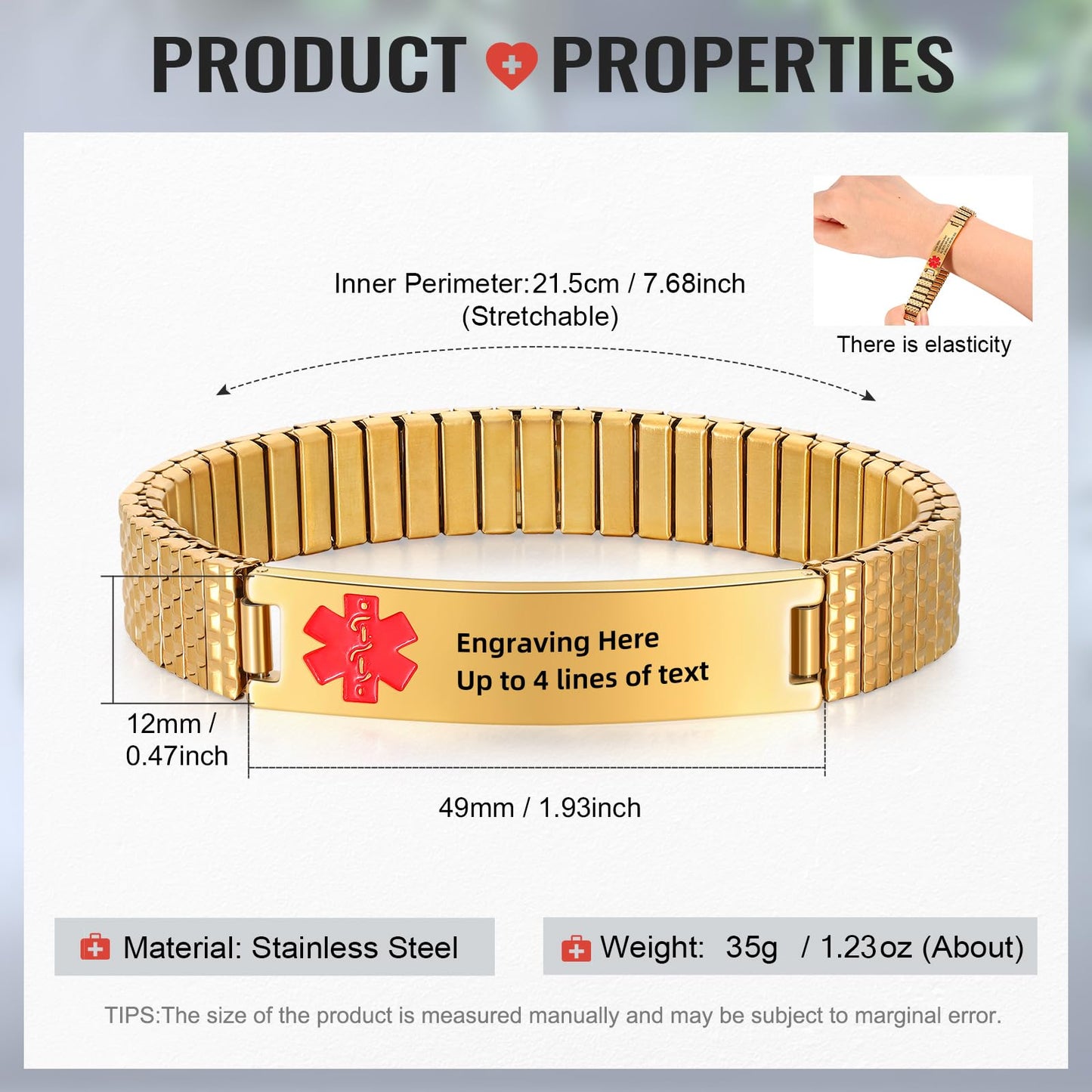 Personalized Medical ID Bracelets for Men - Custom Emergency Alert Bracelet for Women Engraved Medic Info Elastic Stainless Steel Bracelets for Family Autism Allergy Diabetic Epilepsy (Gold, 21.5cm)