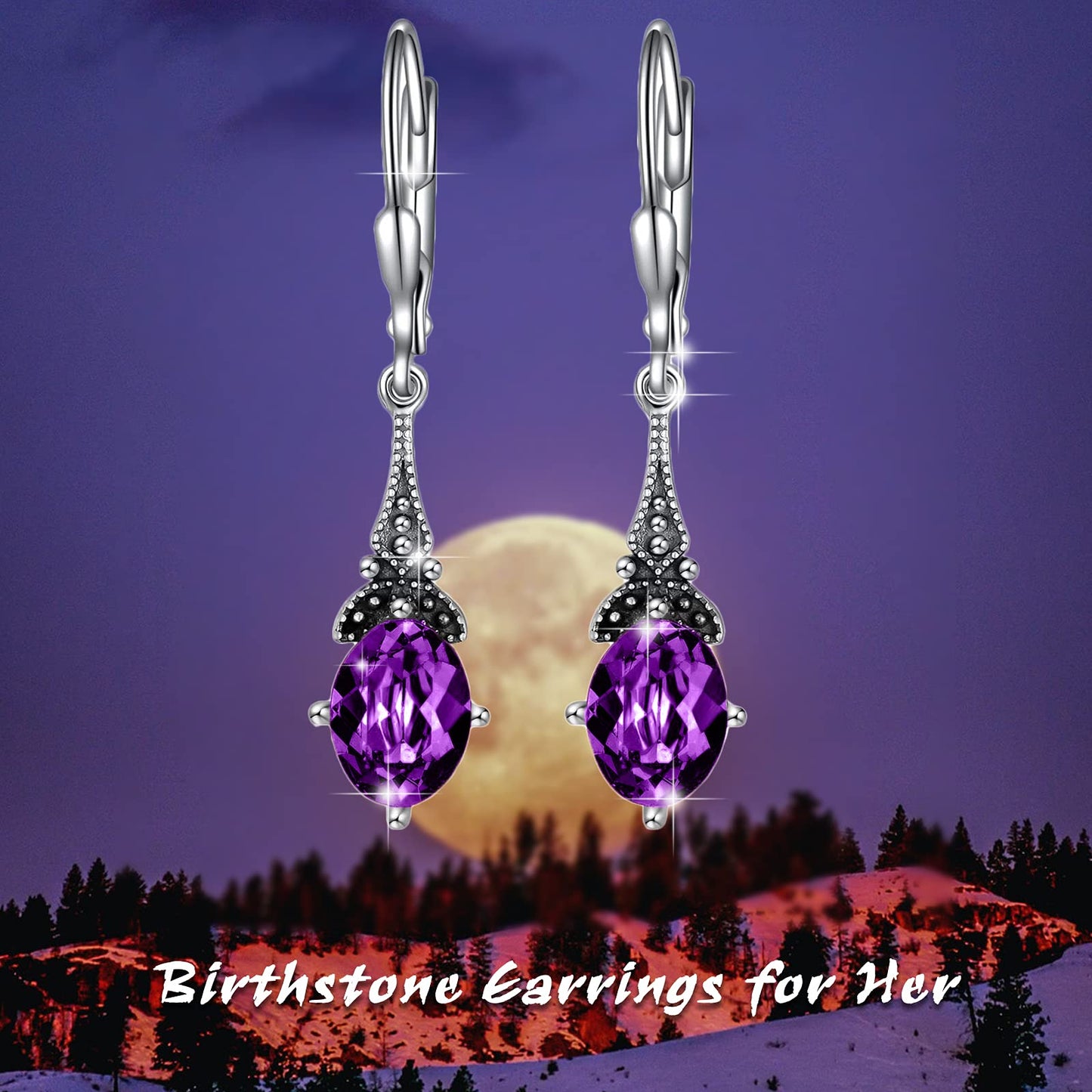 Vintage Leverback Amethyst Purple Earrings Sterling Silver Retro Drop Earrings with Oval Simulated Birthstone Crystal from Austria, Birthday Jewelry Gifts for Women